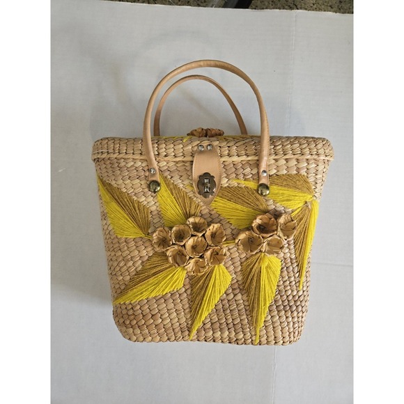 The Unbranded Brand Handbags - Vtg 1970s Woven Straw Leather Handbag 3D Flower Yarn Leaves MCM Boho Yellow Tan